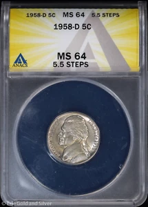 1958-D 5c Jefferson Nickel ANACS MS 64 | 5.5 Steps Uncirculated UNC BU - Picture 1 of 4