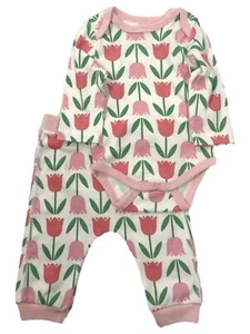 Infant Girls Pink Tulip Floral Baby Outfit Organic Bodysuit & Pants Set Preemie - Picture 1 of 2