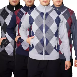 Mens Sweater Full Sleeve Jumper with Zip & Pockets Diamond Print cardigan (921) - Picture 1 of 18