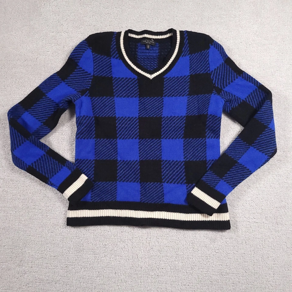 Suéter Rag & Bone Mujer Mediano Lana Merino Azul Negro Cuadros Búfalo Pullover Foto 1 de 4
