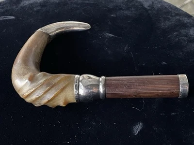 Vintage Antique 19C Carved Cattle Horn CANE HANDLE W/Sterling Silver Tip & Band - Image 1 of 4