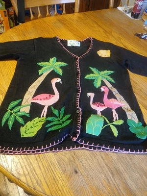 Quacker Factory FLAMINGO CARDIGAN tropical novelty sequined knit sweater S - Image 1 of 4