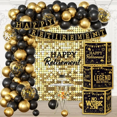 Kit de decoraciones de fiesta de jubilación feliz para hombres mujeres, negro dorado jubilación B... Foto 1 de 4
