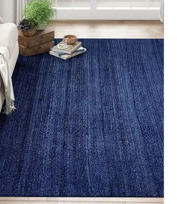 Handwoven Blue Jute Area Rug Natural Fiber Floor Carpet Durable Modern Solid Rug - Image 1 of 4
