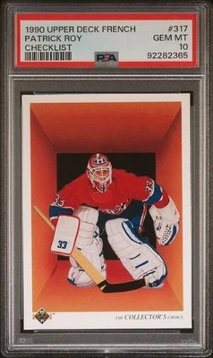 1990 UD Upper Deck FRENCH PATRICK ROY Mtl Canadiens Checklist  - PSA 10 GEM MINT - Image 1 of 2