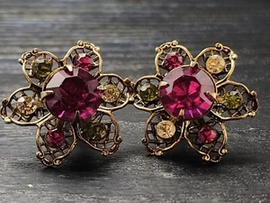 Pendientes de clip de flor de filigrana vintage piedras de peridoto de cristal de amatista... - Imagen 1 de 4