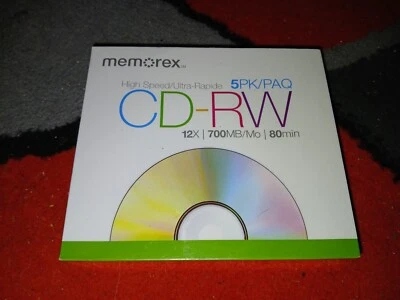 Memorex CD-RW 12x 700Mb/Mo 80 Minutes 5 Pack New Sealed  - Image 1 of 2