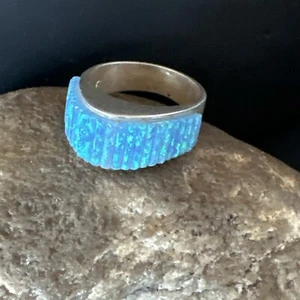 Blue Opal Navajo Sterling Silver Band Inlay Ring Size7 18799 - Picture 1 of 13