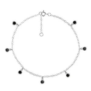 Boho Black CZ Dangle Round Charm Beach Foot Sterling Silver Anklet - Picture 1 of 3