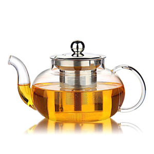Glass Teapot with Stainless Steel Infuser Lid Kettle Stovetop Safe Leaf 27 oz.