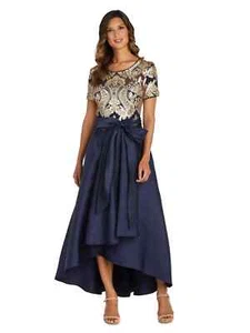 Petite Women's Short Sleeve Sequin-Embellished Navy Gold High-Low Gown - Picture 1 of 3