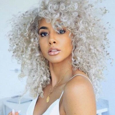  Pelucas rizadas afro con flequillo para mujer negra peluca rizada rizada para uso diario gris Foto 1 de 4