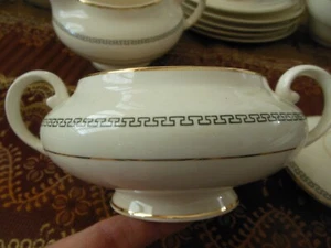 Pope Gosser China Lidded Sugar Bowl Pattern 1114 Deco Black Key Gold Ring Design - Picture 1 of 8