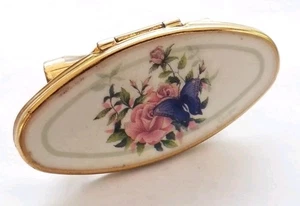 Vintage Stratton Lipview Lipstick Clip Gold Tone Metal Enamel Top Rose Butterfly - Picture 1 of 9