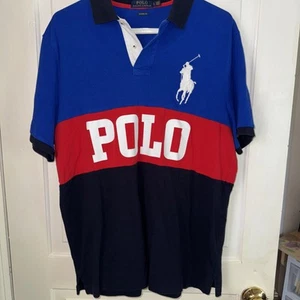 Polo Ralph Lauren Shirt Spellout Mens Lg Colorblock Striped Big Pony Rugby - Picture 1 of 5