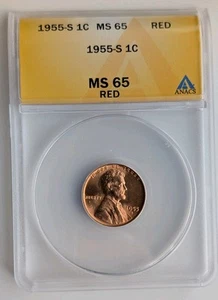 1955-S 1c Stati Uniti Lincoln grano un centesimo penny ANACS MS 65 ROSSO - Foto 1 di 2