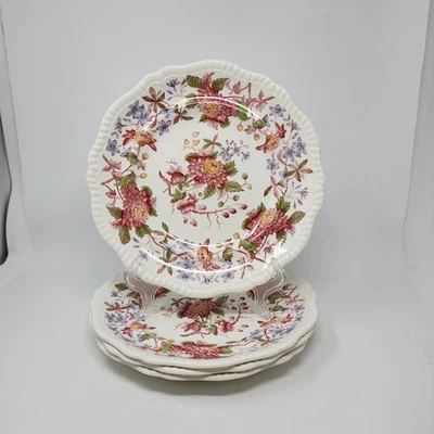 Juego de 4 platos de cena Copeland Spode's Aster England rojo floral borde festoneado Foto 1 de 4