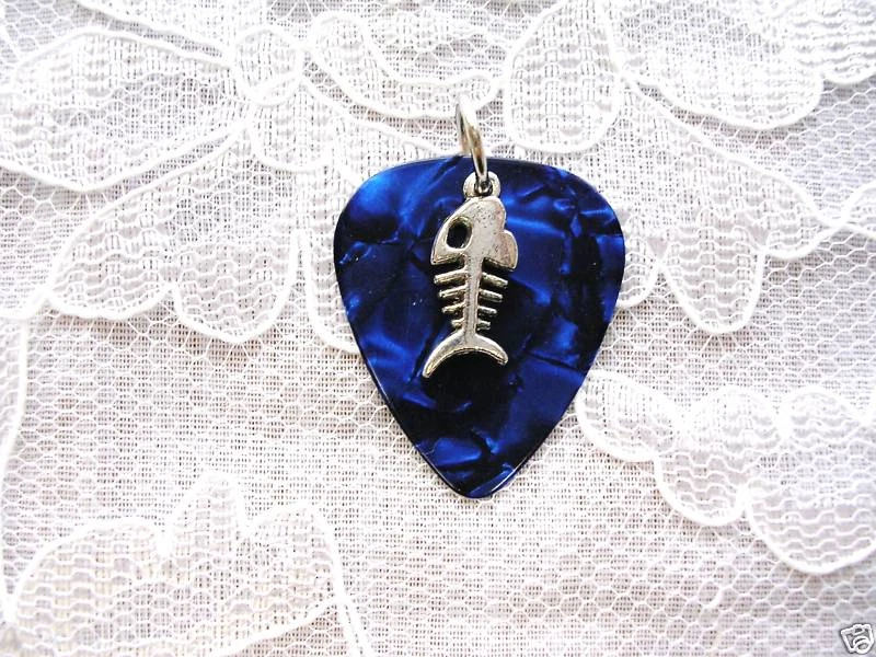 DARK BLUE GUITAR PICK PIRHANA FISH BONE CHARM PENDANT ADJ NECKLACE - Image 1 of 1