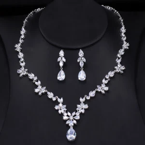Versilberte weiße CZ Halskette Ohrringe Sets Braut Kostüm Schmuck Zubehör - Bild 1 von 12