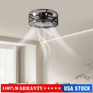 Modern LED Ceiling Fan Light Semi Flush Mount Caged Fan Lamp with Remote Control - Picture 1 of 9