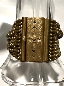 Etruscan Revival Style Gold Tone Metal Panel Chain Wide Bracelet - Picture 1 of 15