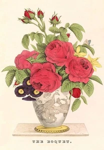 Rosas rojas en jarrón chino de N. Currier. Tarjetas de notas de reproducción de arte victoriano - Imagen 1 de 2