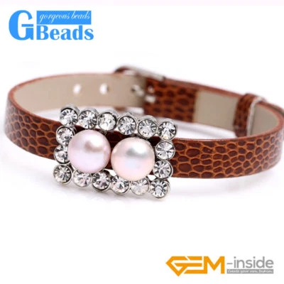 Pulsera 8mm Agua Dulce Perla Cuentas Estrás Rectángulo Cuero Pulsera 8" Foto 1 de 4