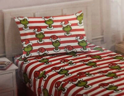 NUEVO CON ETIQUETAS JUEGO DE SÁBANAS DE FRANELA TAMAÑO DOBLE NAVIDAD DR. SEUSS THE GRINCH 3 PIEZAS Foto 1 de 3