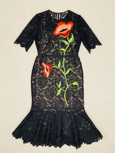 NWT LELA ROSE Floral Embroidery Crochet Fit&Flare Midi Dress sz4 Black Red $2995 - Picture 1 of 18