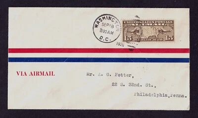 US Scott C8 (FDC) Sept 18th 1926 Map of US and Two Planes, 15c, VERY FINE USED - Image 1 of 4