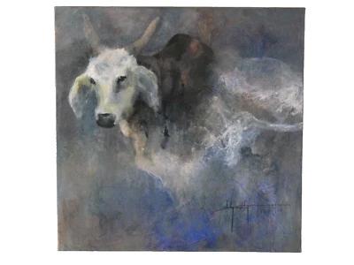 Original 28" x 28" Painting of Rodeo Bull by Shirley Hartley, Ranch, Cattle - Image 1 of 4