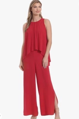LONDON TIMES Red Jewel Neck Pop Over Wide Leg Slits On Legs Jumpsuit Sz 8 - Image 1 of 4