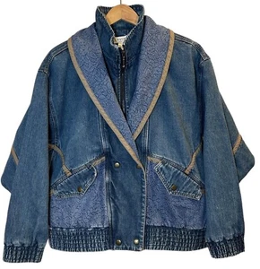 Vintage LAVON 80s Jean Jacket Size MEDIUM Blue Denim Floral Lapel Shoulder Pads - Picture 1 of 16