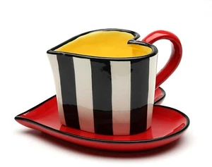 NEW 2 PC HEART VALENTINE RED,BLACK,WHITE STRIPED TEA CUP,COFFEE MUG,SAUCER -6 OZ - Picture 1 of 1