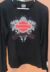 HARLEY DAVIDSON TOP  BLACK Womens Long Sleeve Embellished CLASSIC Santa Maria - Picture 1 of 4