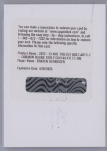 BRADEN SCHNEIDER 2022-23 UD Trilogy AUTO GOLD TIER 2 ROOKIE RC /299 Rangers