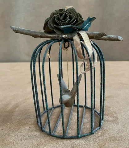 Vintage Metal faux Bird Cage with figurine 5" H  wood decoration hanging flower Cover