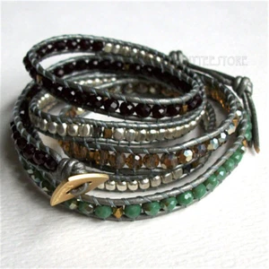 Nakamol 5 Wrap up Czech Crystal, Agate, Metal Beads Silver Gray Leather Bracelet - Picture 1 of 3