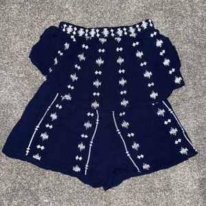 Japna Romper Ruffle Strapless Navy Blue White Trim Off Shoulder NWOT Sz XS Boho - Picture 1 of 3