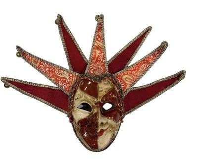 Mardi Gras Jester Mask Red Gold Bells Wired Ribbon 23”x16” - Image 1 of 4
