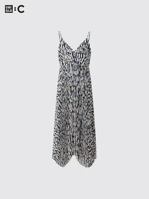 uniqlo womens pleated camisole dress black & white printed midi  size medium - Image 1 of 4