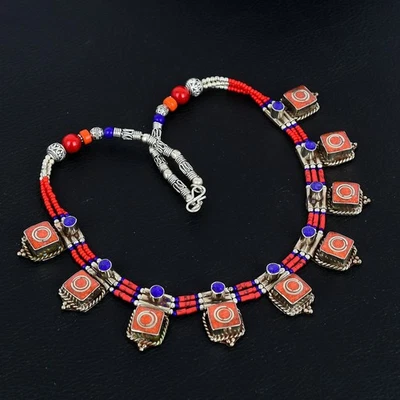 Collana Tibetano Nepalese Argento Sterling 925 Etnico Lapislazzuli Corallo... - Immagine 1 di 4