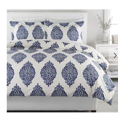 Funda nórdica Pottery Barn blanca e índigo azul estampado medallón percal ropa de cama Foto 1 de 2