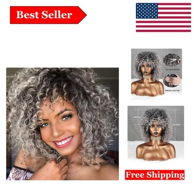 Impresionante peluca afro rizada de 14 pulgadas con flequillo - Belleza gris sintético para mujer Foto 1 de 4