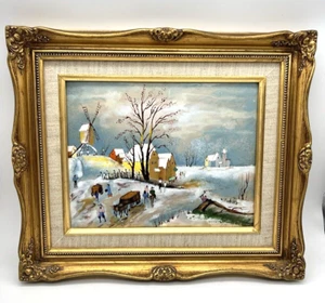 FIRMADO CON Rubíes Esmalte Cobre Pintura 'Winter Village' con Marco Dorado 14" x 12" - Imagen 1 de 10