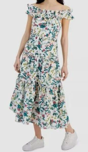 Nautica Jeans Women's White Printed Off-The-Shoulder Cotton Maxi Dress Size M - Picture 1 of 4