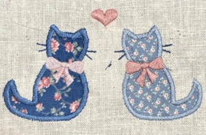 Machine Embroidered Quilt Block Blue Calico Fabric Cats Pink Bows Heart 7x8.5" - Picture 1 of 5