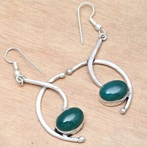 Green Onyx Gemstone Mother's Day Gift For Her 925 Silver Jewelry Earrings 1.5''