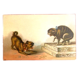 Antique Victorian Trade Card Pug & Angry Cat 4.25”x 2.75” Scrapbooking Ephemera - Picture 1 of 2