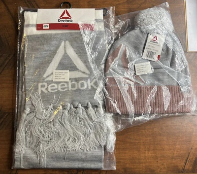 Bufanda de invierno Reebok Spellout unisex borla flecos gris y blanco con gorro nueva Foto 1 de 4